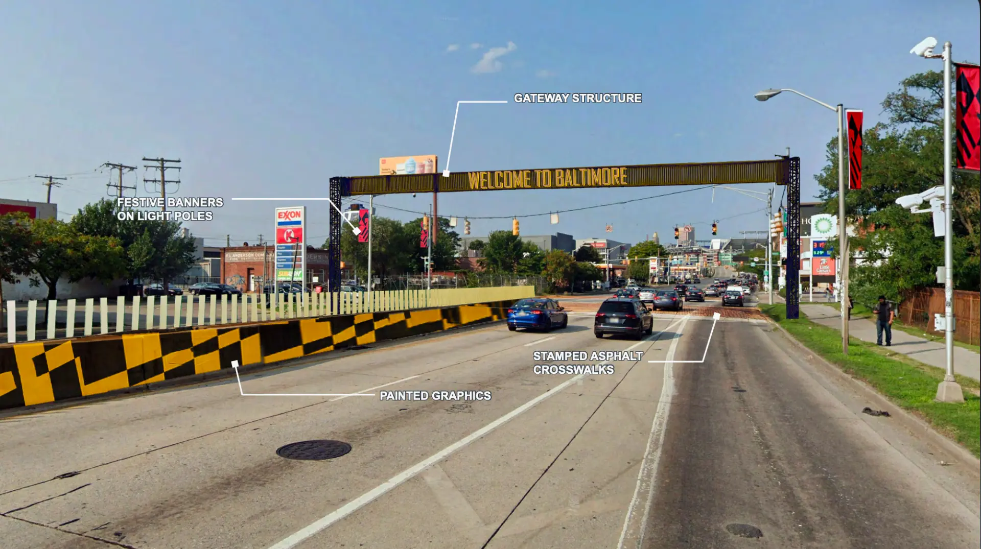 Concept rendering of the I-95 approach with a Welcome to Baltimore gateway structure, Maryland-flag painted barriers, festive pole banners and stamped asphalt crosswalks