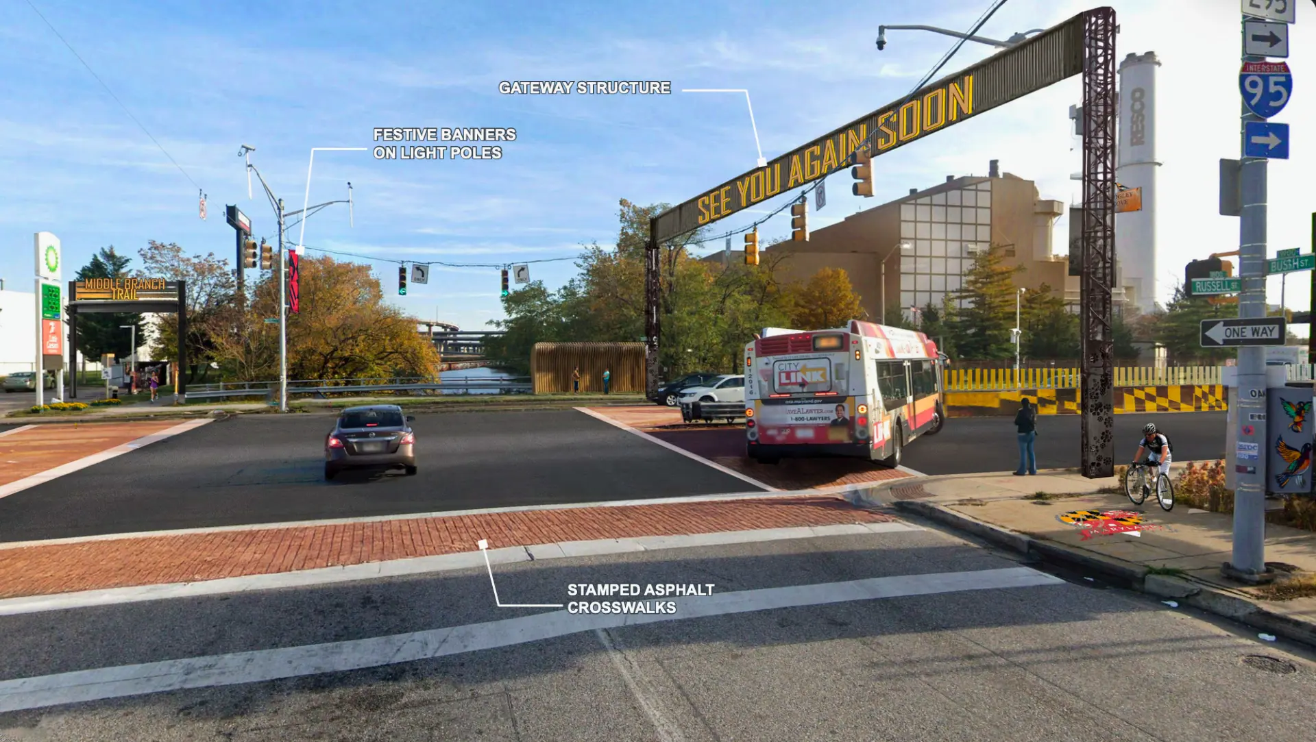 Concept rendering of Russell and Bush with a See You Again Soon departure gateway, Middle Branch Trail portal, banners and stamped crosswalks