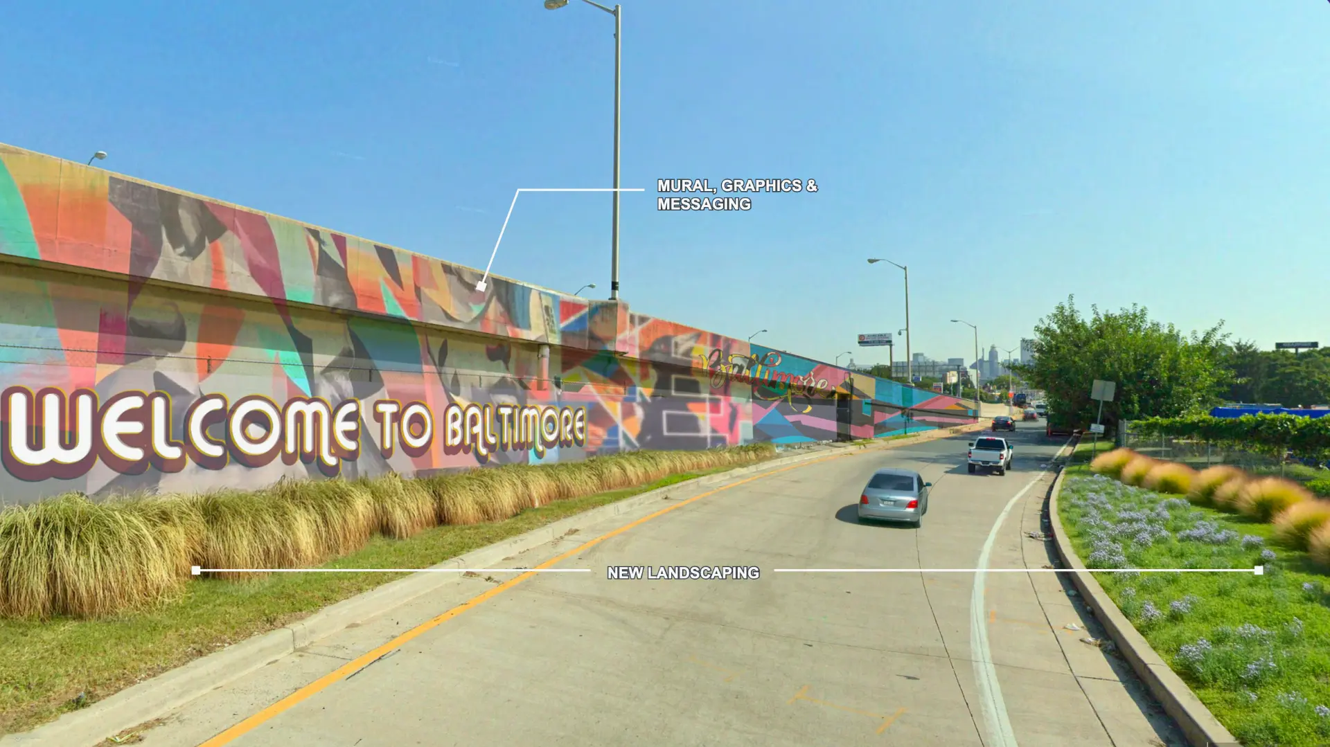Concept rendering of the Russell Street gateway with a Welcome to Baltimore mural along the overpass wall and new landscaping