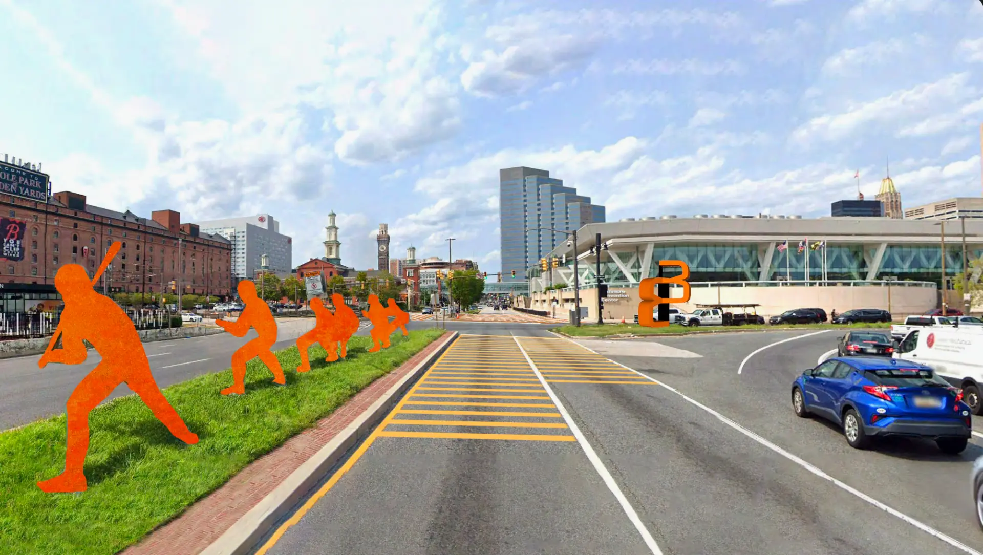 Concept rendering of the Conway Street gateway with orange Orioles player silhouettes along the median and a Baltimore monogram marker
