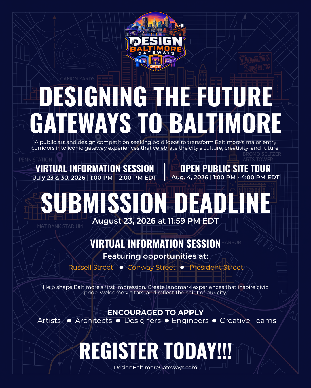 Design Baltimore Gateways — Virtual Info Session July 30, Open Public Site Tour August 4, submission deadline August 23, 2026