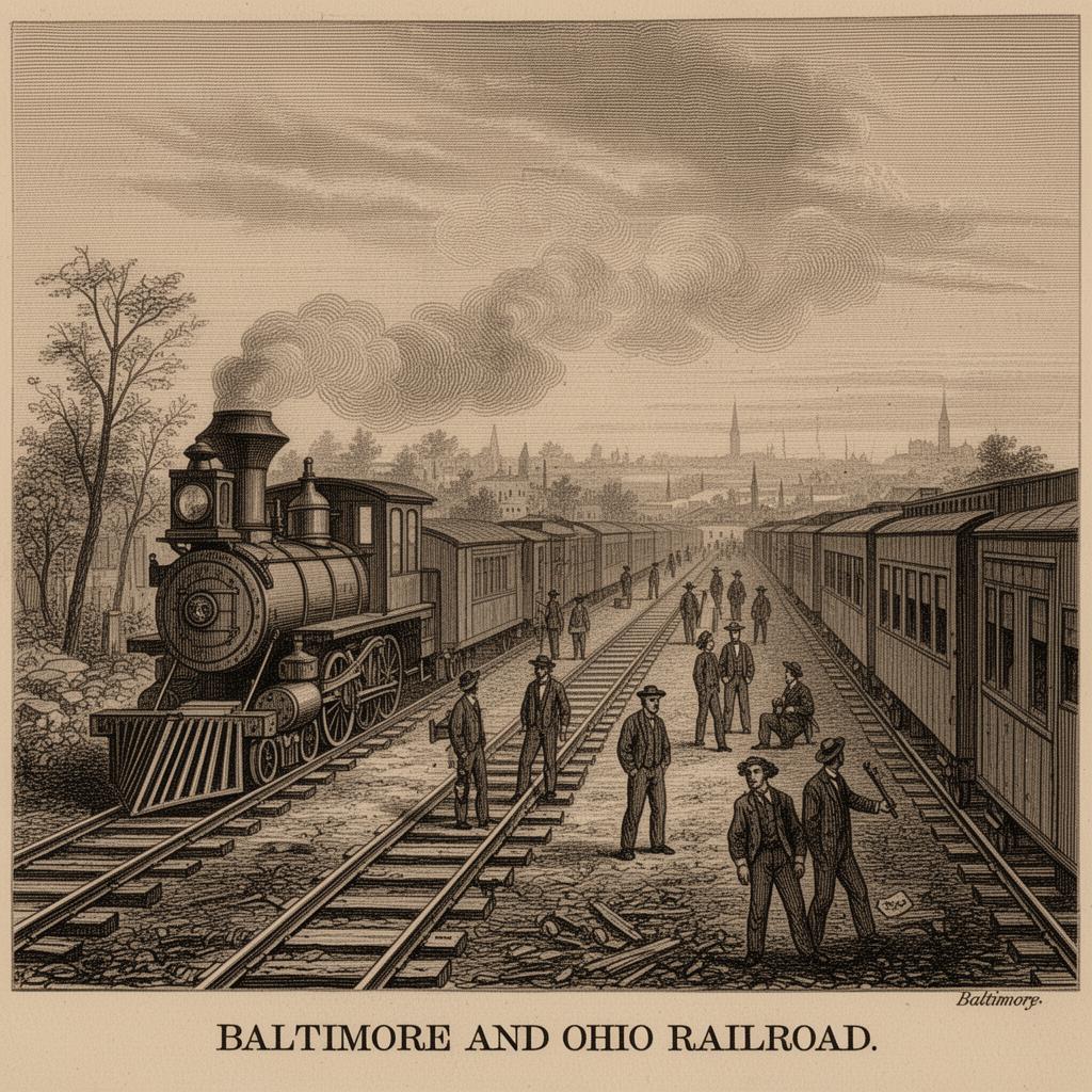 Archival-style illustration of an early Baltimore & Ohio Railroad locomotive with rail cars and workers on the tracks.